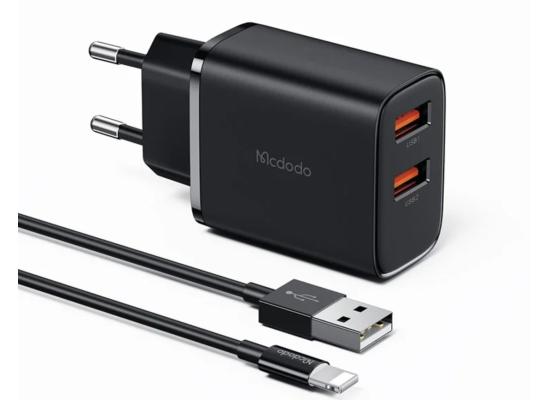 Mcdodo CH-5071 USB-A X 2 Port 12W Fast Wall Charger + USB-A to Lightning Cable - Black
